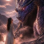Женщина смотрит на огромного звёздного Дракона на фоне ночного неба, эзотерические сказки.